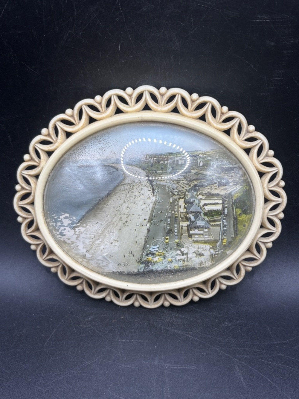 Vintage Convex Oval Shaped Open Scrollwork Bubble Frame w/ Seaside Artwork